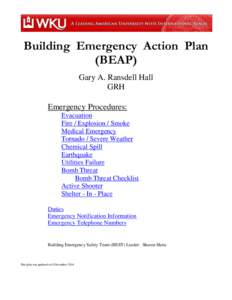 FRONT_PAGE  Building Emergency Action Plan (BEAP) Gary A. Ransdell Hall GRH