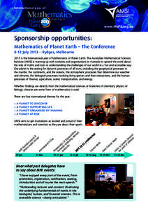 International year of  www.MoPE.org.au Sponsorship opportunities: Mathematics of Planet Earth – The Conference