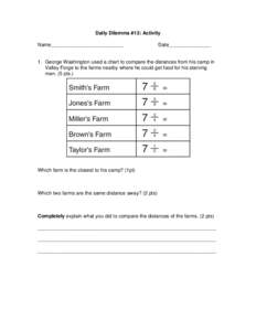 Daily Dilemma #13: Activity Name__________________________ Date_______________  1. George Washington used a chart to compare the distances from his camp in