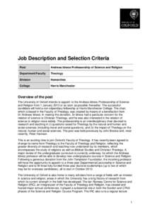 Job Description and Selection Criteria Post Andreas Idreos Professorship of Science and Religion  Department/Faculty
