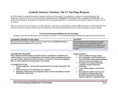 Academic Integrity Violations: The UC San Diego Response At UC San Diego, we respond to academic integrity violations with two goals: 1) to educate our students in matters of personal and professional integrity and ethic