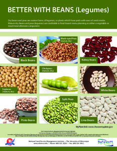 BETTER WITH BEANS (Legumes) Dry beans and peas are mature forms of legumes, or plants which have pods with rows of seeds inside. Mature dry beans and peas (legumes) are creditable in food-based menu planning as either a 