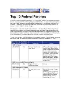 Top 10 Federal Partners A growing number of federal organizations are buying green power to reduce the environmental impacts associated with the electricity that powers their facilities. An organization’s participation