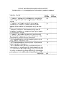American Association of Family and Consumer Sciences Evaluation Rubric: Participant Application for 2015 AAFCS Leadership Academy Evaluation Criteria 1. Presented a personal plan, including a vision statement and profess