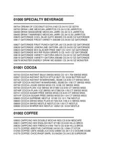 ----------------------------------------------------01000 SPECIALTY BEVERAGE ----------------------------------------------------06704 CREAM OF COCONUT GOYA 2163 CSOZ GOYADRINK LIME MEXICAN JARRITOS CS 24/1