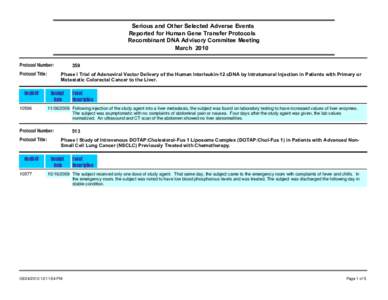 Serious and Other Selected Adverse Events Reported for Human Gene Transfer Protocols Recombinant DNA Advisory Commitee Meeting March 2010