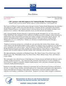 CDC Press Release: CDC partners with 104 employers for National Healthy Worksite Program