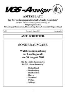 VGS-Anzeiger AMTSBLATT der Verwaltungsgemeinschaft „Saale-Rennsteig“ Internet Adresse: www.vg-saale-rennsteig.de Mitgliedsgemeinden: