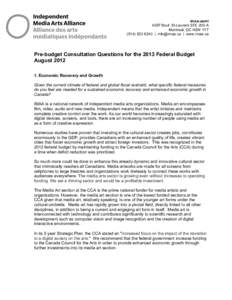 imaa-aami 4067 Boul. St-Laurent STE 200-A Montreal, QC H2W 1Y7 |  | www.imaa.ca  Pre-budget Consultation Questions for the 2013 Federal Budget