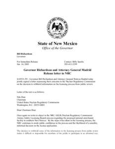 State of New Mexico Office of the Governor Bill Richardson Governor For Immediate Release Jan. 14, 2005