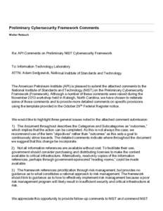 Preliminary  Cybersecurity  Framework  Comments  Walter  Retzsch   Re:  API  Comments  on  Preliminary  NIST  Cybersecurity  Framework   