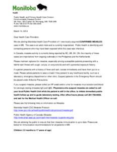 Public Health and Primary Health Care Division Communicable Disease Control 4th Floor, 300 Carlton St, Winnipeg, MB R3B 3M9 T[removed]F[removed]www.manitoba.ca