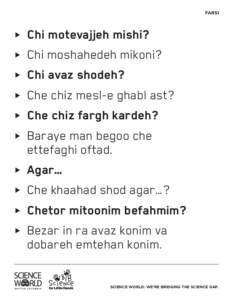 Farsi  Chi motevajjeh mishi? ff Chi moshahedeh mikoni? ff Chi avaz shodeh? ff Che chiz mesl-e ghabl ast?