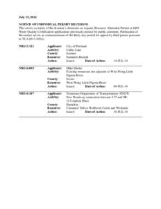 July 15, 2014 NOTICE OF INDIVIDUAL PERMIT DECISIONS This serves as notice of the division’s decisions on Aquatic Resource Alteration Permit or §401 Water Quality Certification applications previously posted for public