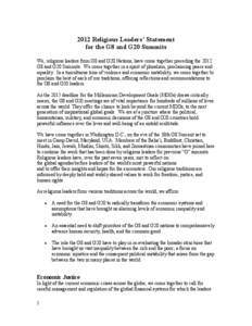 2012 Religious Leaders’ Statement for the G8 and G20 Summits We, religious leaders from G8 and G20 Nations, have come together preceding the 2012 G8 and G20 Summits. We come together in a spirit of pluralism, proclaimi