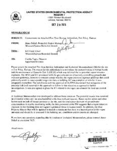 Memorandum transmitting Concurrence on Attached Five Year Review Addendum - Third Five-year Review Report Addendum, Fort Riley, Kansas