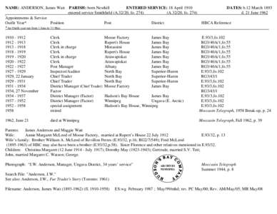 NAME: ANDERSON, James Watt    PARISH: born Newhill[removed]ENTERED SERVICE: 18 April 1910