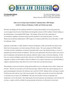 For Immediate Release December 19, 2005 For more information contact: Darryl Jordan, ([removed]Deputy Executive Director and Program Manager