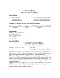 Notice of Meeting RIVER PARKS AUTHORITY Type of Meeting X  Regular Meeting *