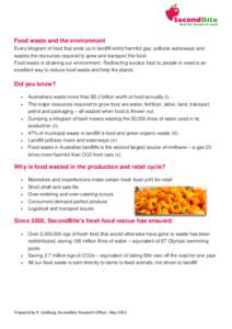 Food waste and the environment Every kilogram of food that ends up in landfill emits harmful gas, pollutes waterways and wastes the resources required to grow and transport the food. Food waste is straining our environme