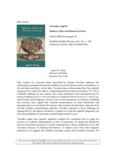 RBL[removed]Trevaskis, Leigh M. Holiness, Ethics and Ritual in Leviticus Hebrew Bible Monographs 29 Sheffield: Sheffield Phoenix, 2011. Pp. x + 289. Hardcover. $[removed]ISBN[removed].