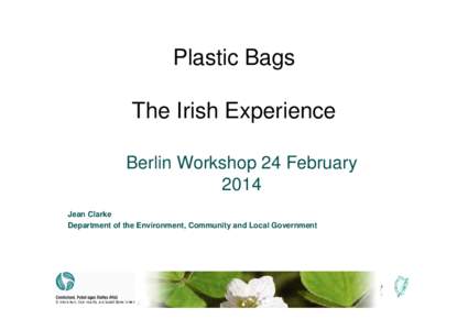 Plastic Bags The Irish Experience Berlin Workshop 24 February 2014 Jean Clarke Department of the Environment, Community and Local Government
