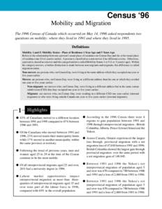 Census ‘96 Mobility and Migration The 1996 Census of Canada which occurred on May 14, 1996 asked respondents two questions on mobility: where they lived in 1991 and where they lived in[removed]Definitions Mobility 1 and 