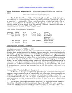 Southern Campaign American Revolution Pension Statements Pension Application of Daniel Hicks, Nat’l. Archives Microseries M804, Roll 1268, Application #S5533 Transcribed and annotated by Nancy Poquette “Jan. 8, 1855-