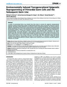 Environmentally Induced Transgenerational Epigenetic Reprogramming of Primordial Germ Cells and the Subsequent Germ Line Michael K. Skinner1*, Carlos Guerrero-Bosagna M. Haque1, Eric Nilsson1, Ramji Bhandari1¤, John R. 