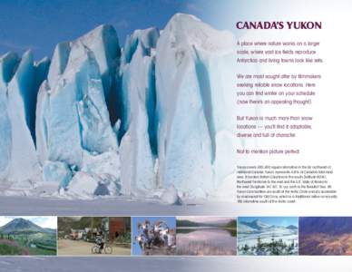 CANADA’S YUKON A place where nature works on a larger scale, where vast ice fields reproduce Antarctica and living towns look like sets. We are most sought after by filmmakers seeking reliable snow locations. Here
