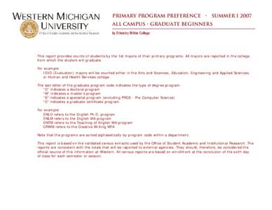 Primary Program Preference • summer I 2007 All Campus • graduate beginners by Ethnicity Within College This report provides counts of students by the 1st majors of their primary programs. All majors are reported in t