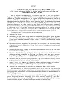 REPORT The 11th Session of the Project Working Group “Energo” (PWG-Energo) of the Project “Rational and Efficient Use of Water and Energy Resources in Central Asia” Bishkek, Kyrgyzstan, 9-11 April 2003 The 11th S