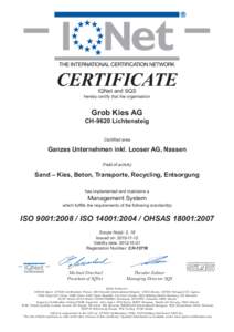 CERTIFICATE IQNet and SQS hereby certify that the organisation  Grob Kies AG