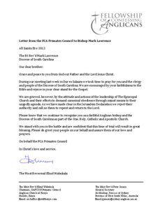   Letter	
  from	
  the	
  FCA	
  Primates	
  Council	
  to	
  Bishop	
  Mark	
  Lawrence	
   	
  