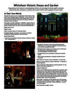 Hamilton Civic Museums Secondary School Curriculum Programming - Whitehearn Historic House & Garden - City of Hamilton