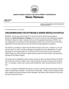 HAWAII HOUSING FINANCE AND DEVELOPMENT CORPORATION LINDA LINGLE News Release  GOVERNOR