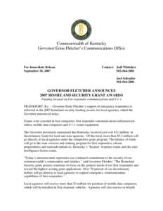Commonwealth of Kentucky Governor Ernie Fletcher’s Communications Office For Immediate Release September 18, 2007