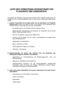 LISTE DER VERBOTENEN GEGENSTÄNDE