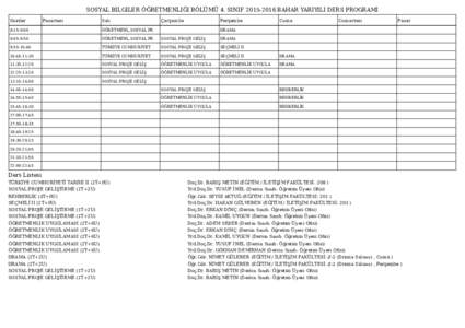 SOSYAL BILGILER ÖĞRETMENLIĞI BÖLÜMÜ 4. SINIFBAHAR YARIYILI DERS PROGRAMI Saatler Pazartesi  Salı
