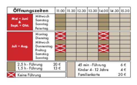 Öffnungszeiten Mai + Juni & Sept. + Okt.  Juli + Aug.