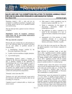 Sales and Use Tax Exemptions Relating to Raising Animals Sold for Use in Qualified Research and Manufacturing Fact Sheet