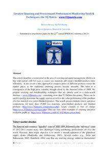 Creative Sourcing and Procurement Performance Monitoring Tools & Techniques: the YQ Matrix - www.YQmatrix.com Thierry Decocq, YQ Purchasing