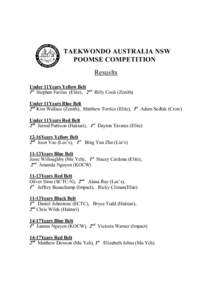 TAEKWONDO AUSTRALIA NSW POOMSE COMPETITION Resuslts Under 11Years Yellow Belt 1st Stephan Farilas (Elite), 2nd Billy Cook (Zenith) Under 11Years Blue Belt