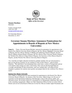 State of New Mexico Office of the Governor Susana Martinez Governor Contact: Enrique Knell[removed]