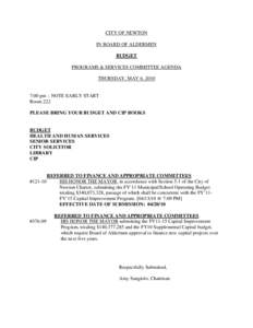 CITY OF NEWTON IN BOARD OF ALDERMEN BUDGET PROGRAMS & SERVICES COMMITTEE AGENDA THURSDAY, MAY 6, 2010