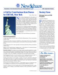 Newsletter of the International Society of Travel Medicine  A Call for Contributions from Nurses for CISTM8, New YYork ork