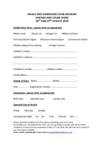 WEALD AND DOWNLAND LIVNG MUSEUM VINTAGE AND STEAM SHOW 18TH AND 19TH AUGUST 2018 Exhibit Entry Form – please circle as appropriate Motor Cycle