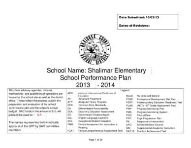 Date Submitted: [removed]Dates of Revisions: School Name: Shalimar Elementary School Performance Plan[removed]