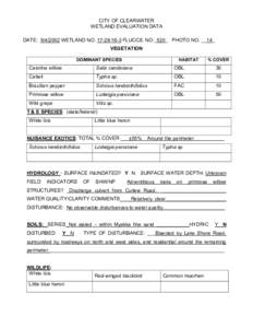 CITY OF CLEARWATER WETLAND EVALUATION DATA DATE: [removed]WETLAND NO[removed]FLUCCS. NO._520_ PHOTO NO. __14_ VEGETATION DOMINANT SPECIES
