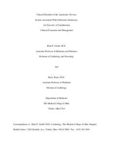 Clinical Disorders of the Autonomic Nervous System Associated With Orthostatic Intolerance: An Overview of Classification, Clinical Evaluation and Management  Blair P. Grubb, M.D.